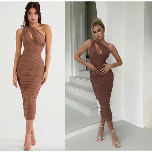 NWOT House of CB Valentina Mocha Cutout One Shoulder Midi Dress sz S plus cup - Picture 3 of 10